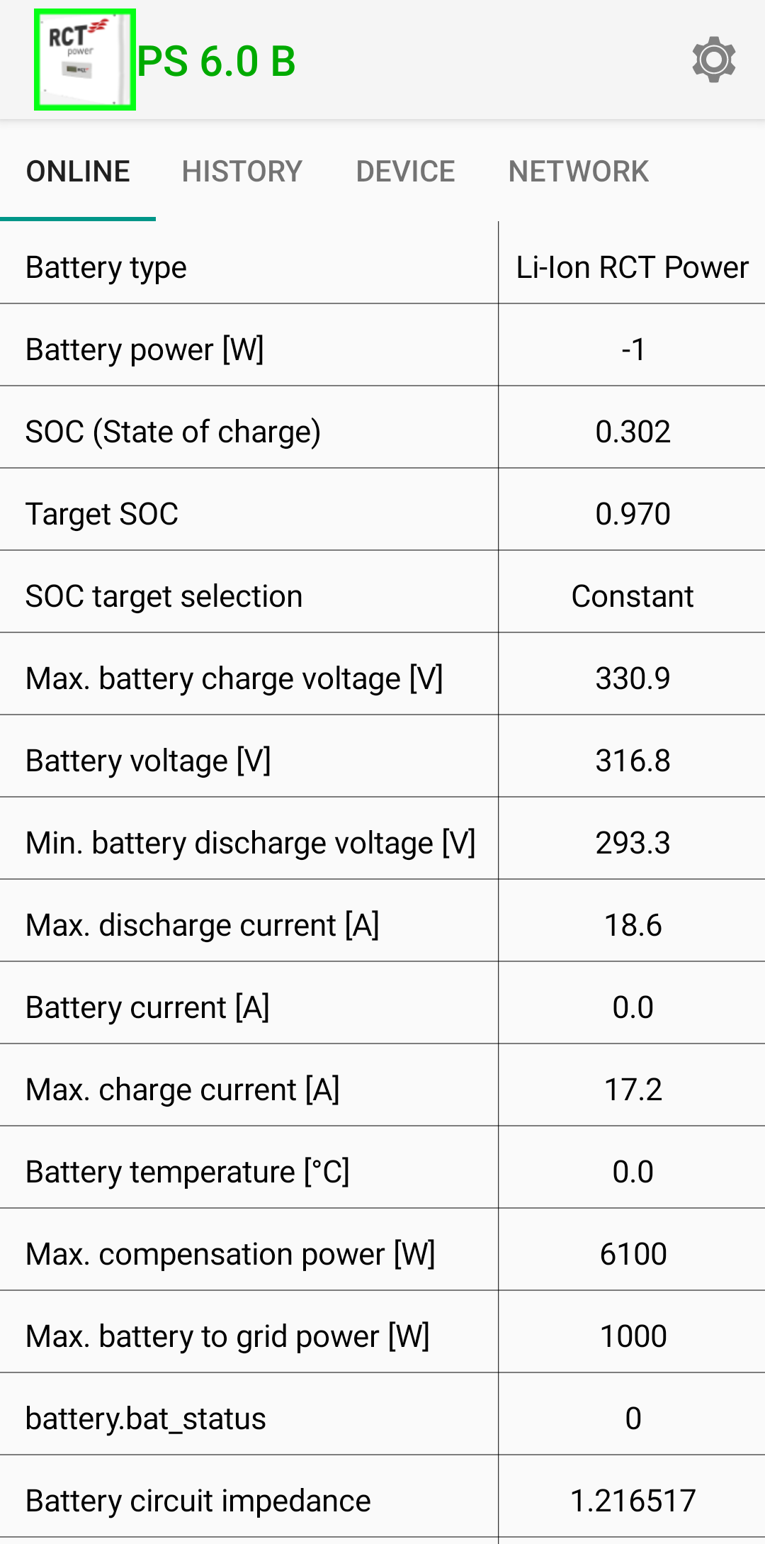 RCT Power App (Android) view of the battery. The tabular view shows a set of values that are explained in the table following this image.