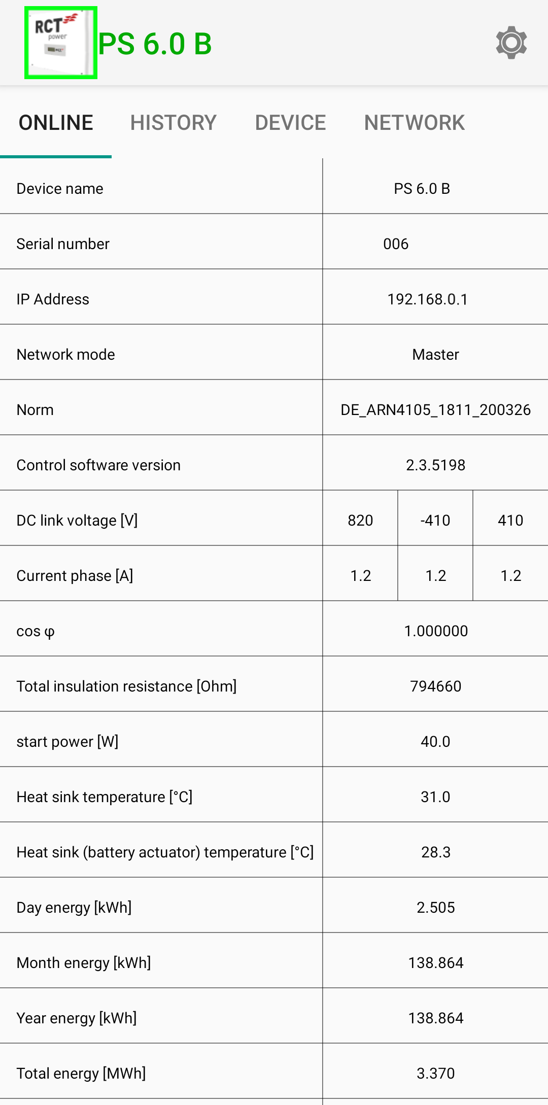 RCT Power App (Android) view of the inverter. The tabular view shows a set of values that are explained in the table following this image.