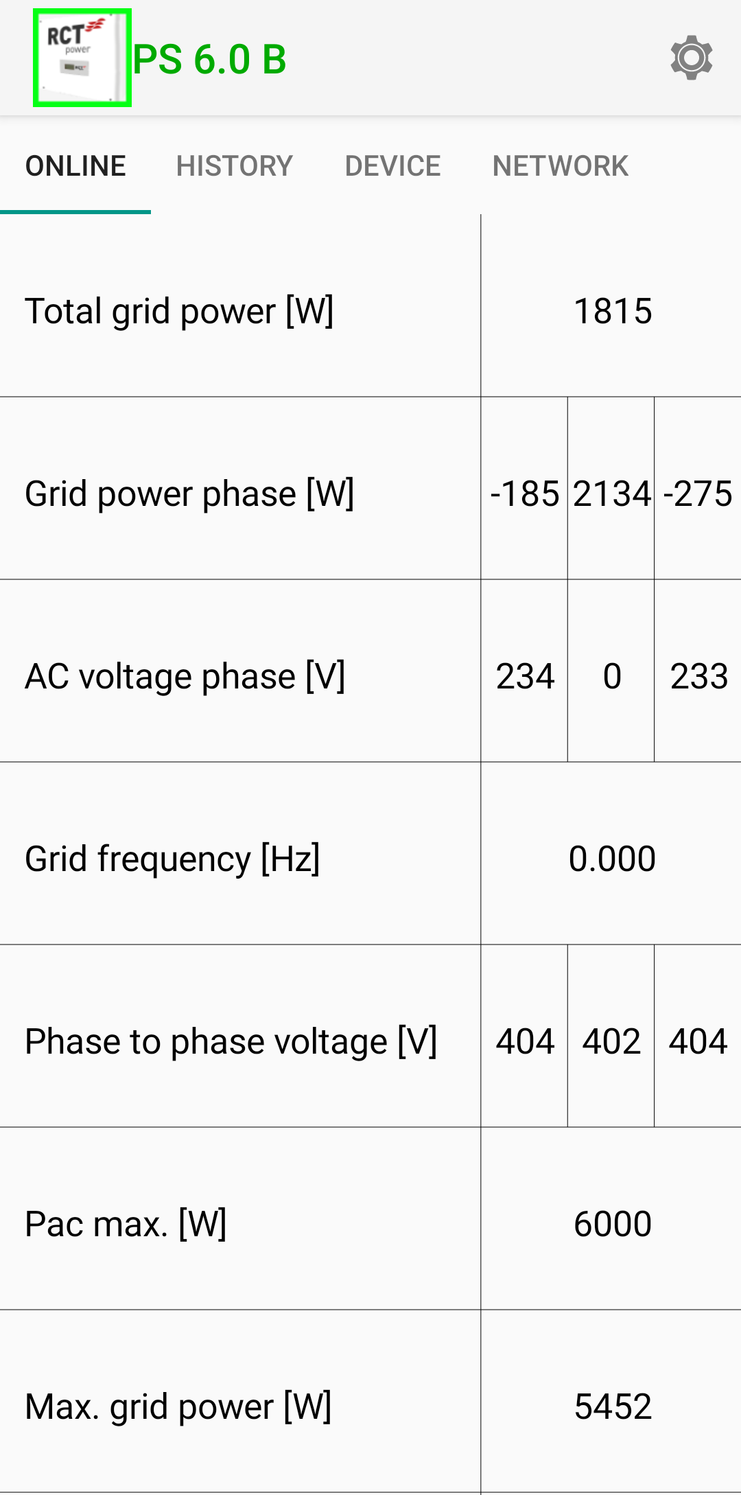 RCT Power App (Android) view of the power grid. The tabular view shows a set of values that are explained in the table following this image.