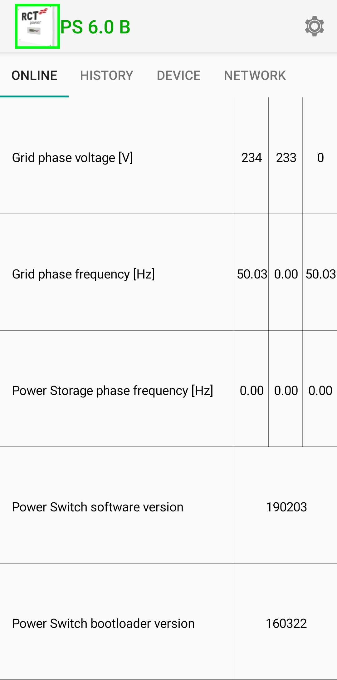 RCT Power App (Android) view of the Power Switch / Power Sensor. The tabular view shows a set of values that are explained in the table following this image.
