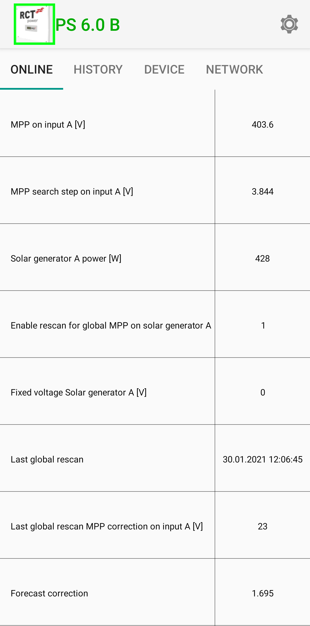 RCT Power App (Android) view of a solar generator (solar string). The tabular view shows a set of values that are explained in the table following this image.